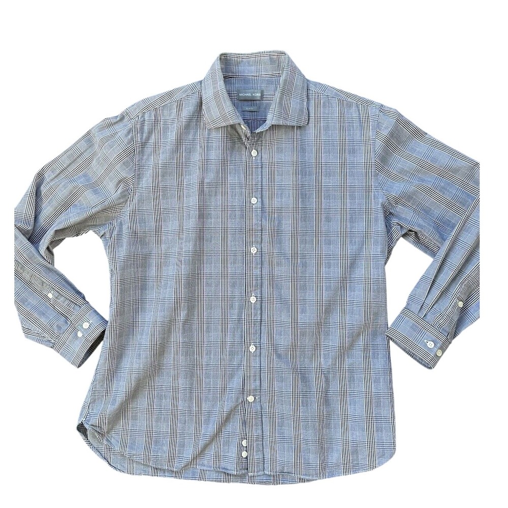 Michael Kors Plaid Button Down Dress Shirt Slim Fit Gray Large‎ 16.5 32/33 EUC